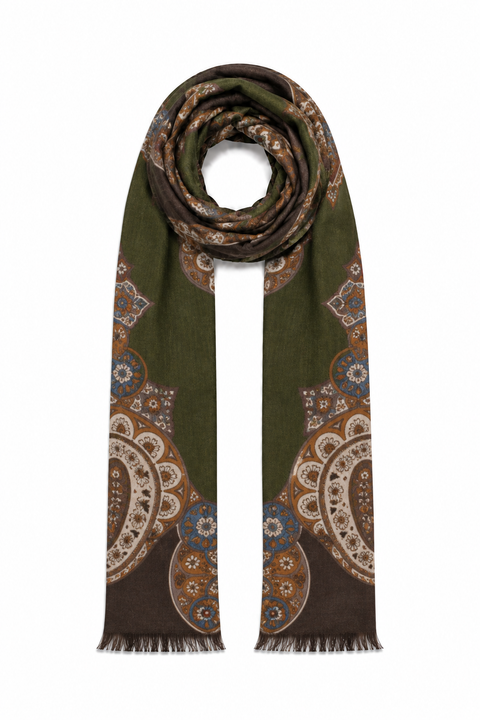 Sciarpa Paisley Verde Oliva e Ocra.