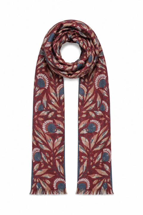 Sciarpa floreale bordeaux con frange