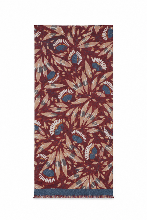 Sciarpa floreale bordeaux con frange